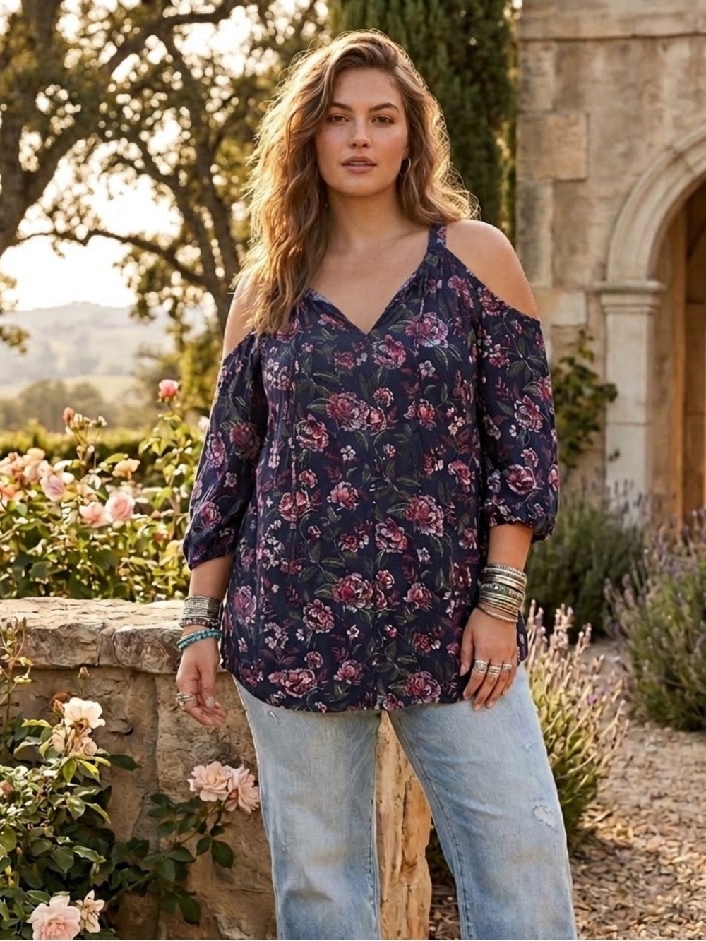 Torrid Plus Navy Floral Cold-Shoulder Boho Tunic 3X